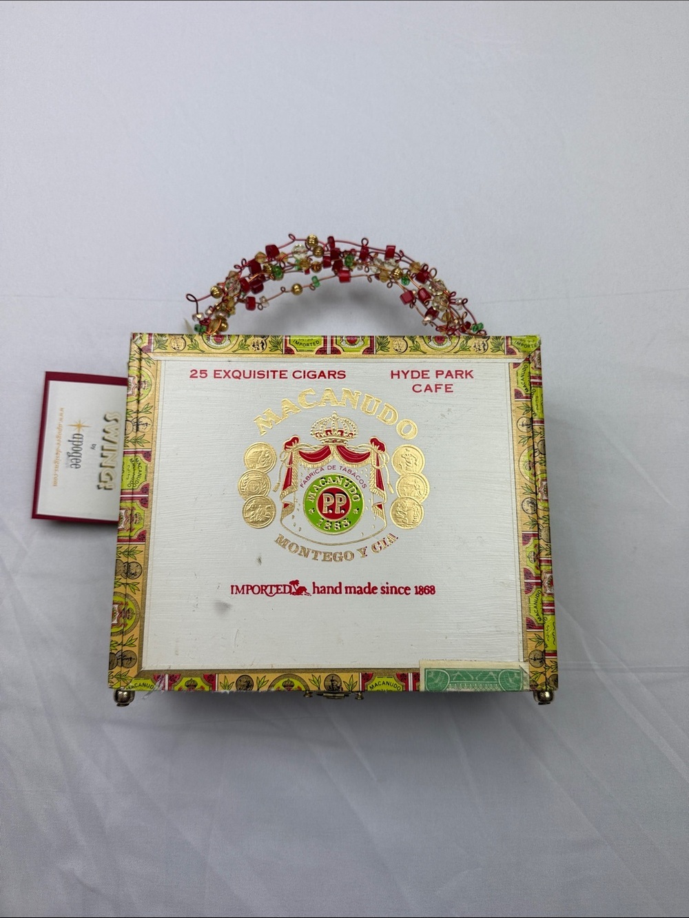 Handmade Macanudo Cigar Box Handbag - White with Gold & Red Accents